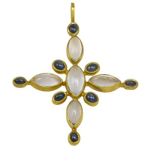 Beautiful Virginia Witbeck Chalcedony Sapphire Gold Cross Pendant - Gem de la Gem