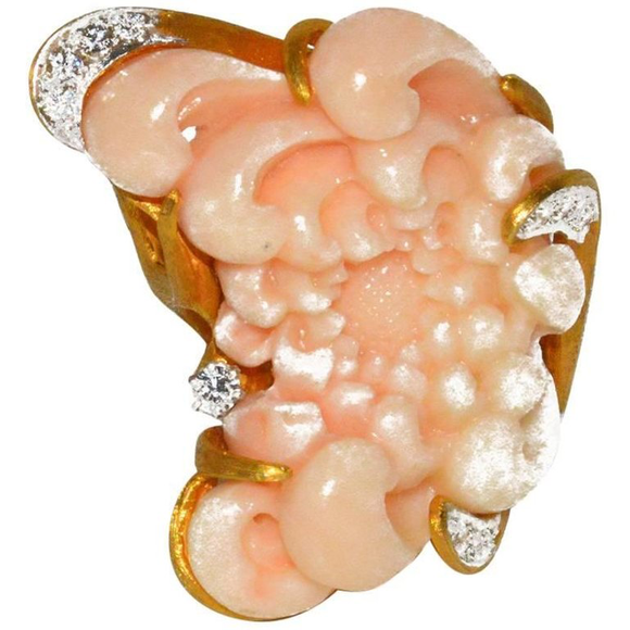 Rare and Important J. Arnold Frew Gold and Carved Coral Ring One of a Kind - Gem de la Gem