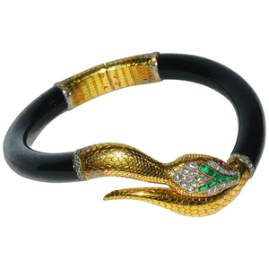 Victorian 15 Karat Handmade Diamond and Emerald Hinged Serpent Bracelet - Gem de la Gem